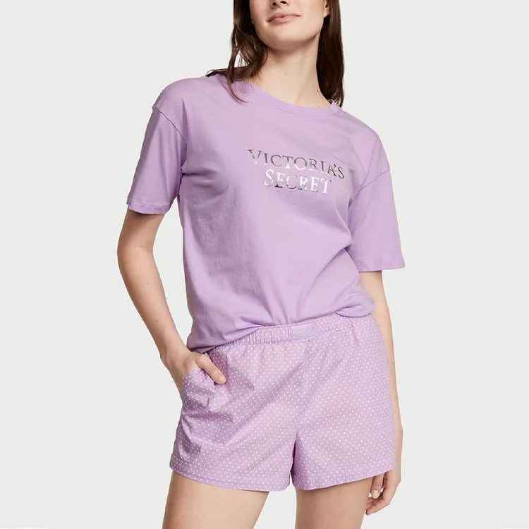 Victoria's Secret Хлопковый комплект пижамы с коротким топом и шортами, женский, цвет фиолетовый единорог, размер MD — фото 2