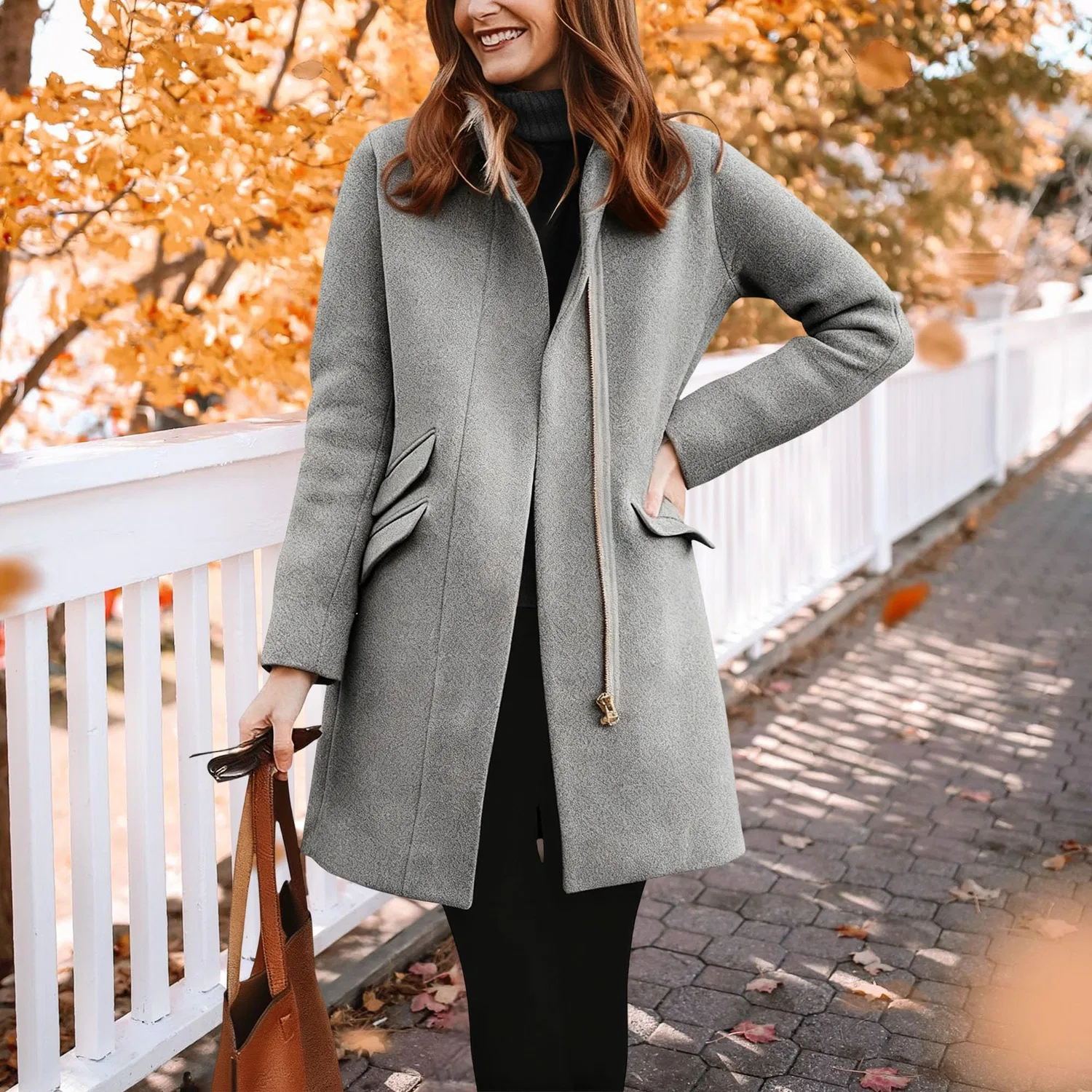 Женское зимнее пальто с воротником-стойкой и молнией Classic Open Front Zipper Winter Long Jackets Casual Stand Collar Coat, grey — фото 2