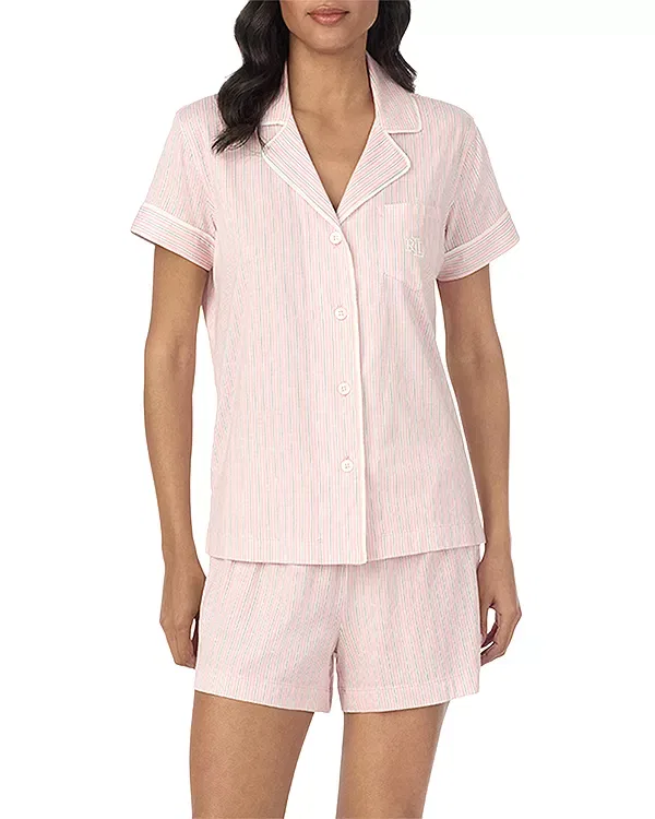 Женский комплект пижамы с воротником-стойкой с коротким рукавом Ralph Lauren, Pink Stripe