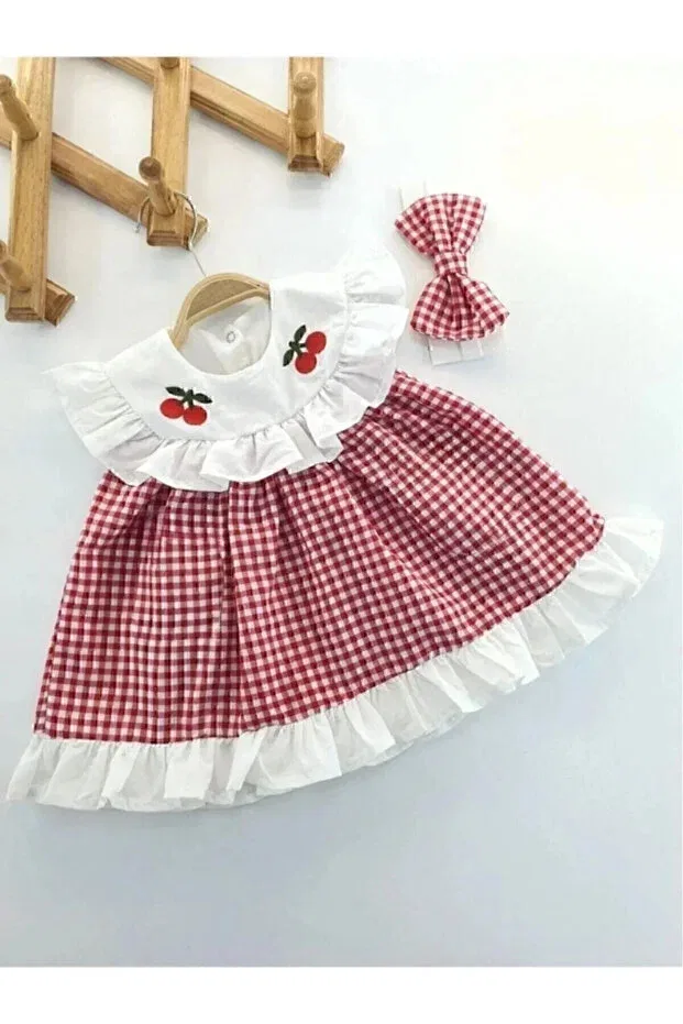 Детское платье для девочек с принтом Cherry Embroidered Ruffled Plaid With Headband Bilge Trend, Red — фото 2