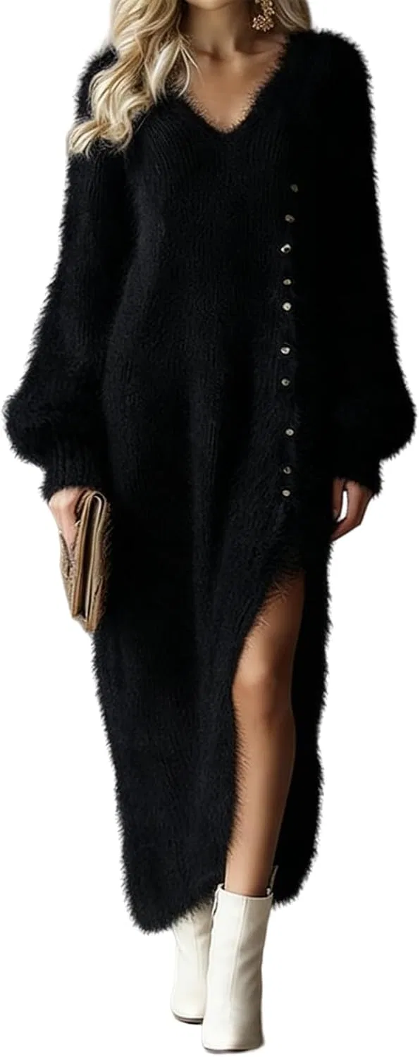 Женское платье из футера с V-образным вырезом, Fuzzy Sweater Dress, чёрный