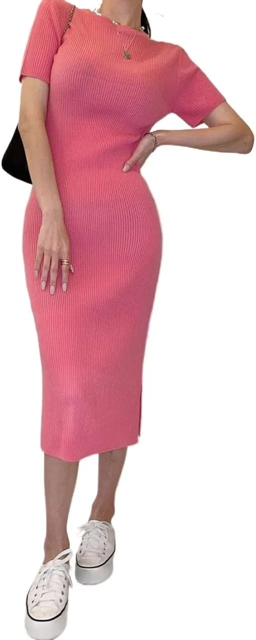 Женское платье-свитер с круглым вырезом Slim Fit, Pink