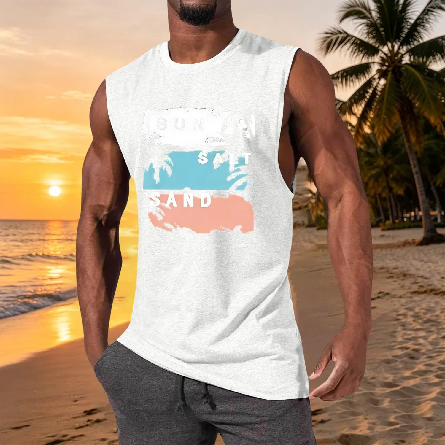 Мужская майка без рукавов с принтом Vintage Block Salt Sun Sand Palms, Bianco — фото 2