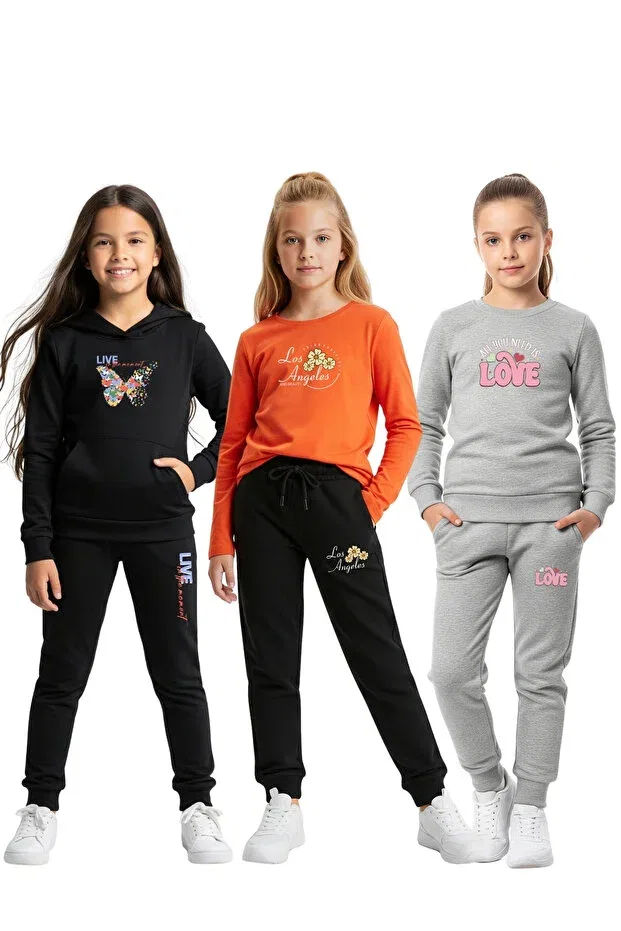 Детский комплект спортивного костюма для девочек с принтом Fyk Kids, Black-Orange-Gray