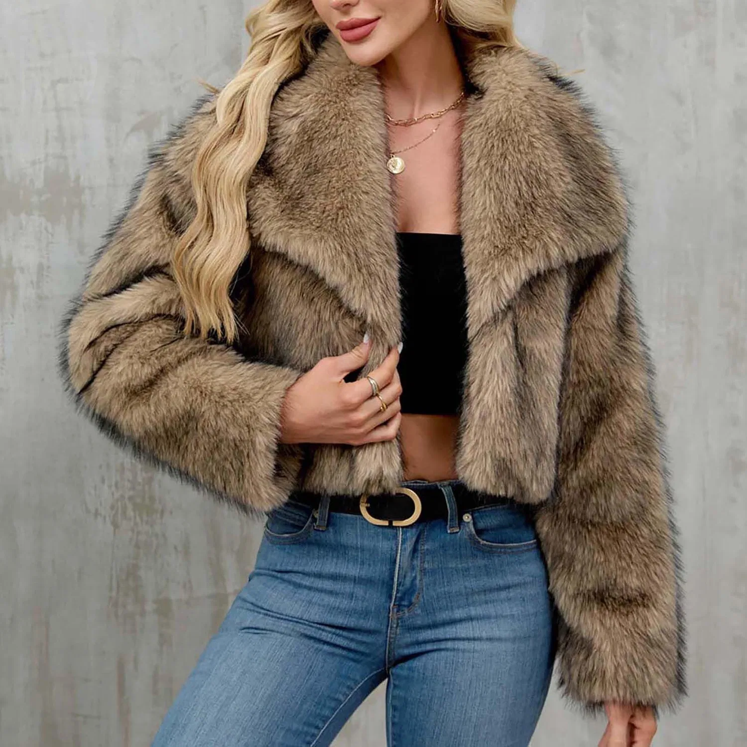 Женское пальто из искусственного меха с длинным рукавом, с принтом, модель Faux Fur Jackets, D Khaki — фото 2