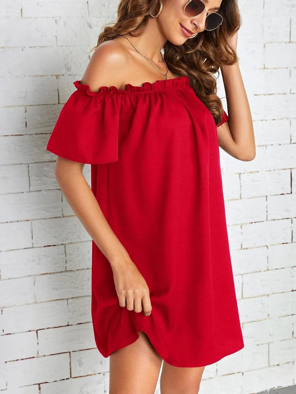 Женская повседневная туника с воланами Off Shoulder, Red — фото 3