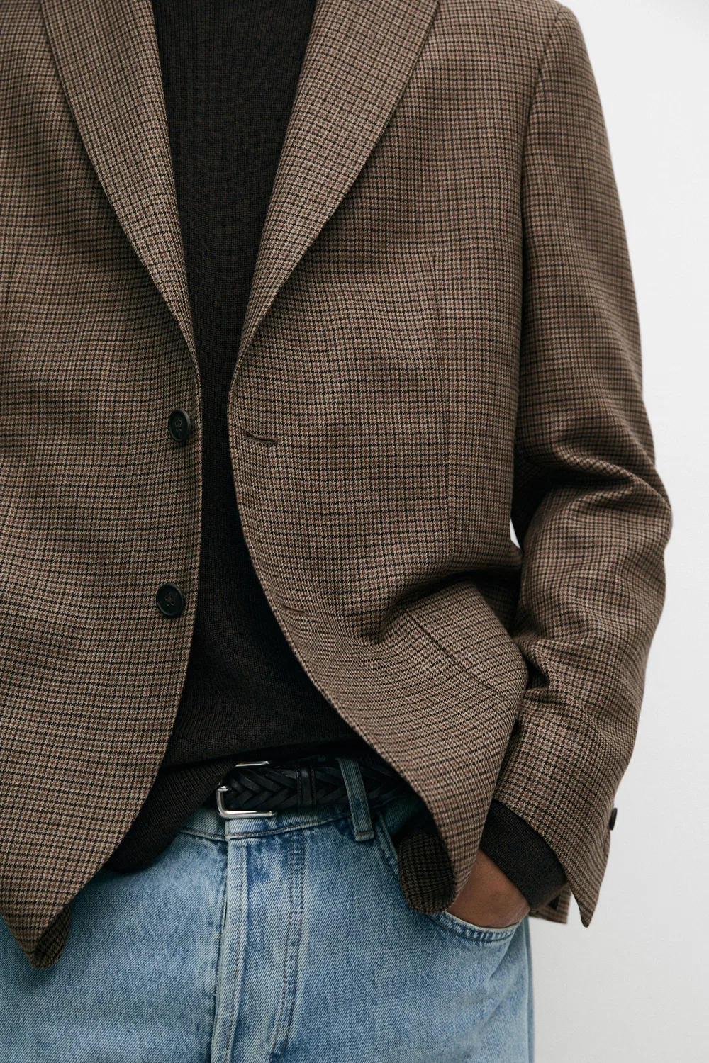 Блейзер Massimo Dutti, из шерсти в клетку «гусиная лапка», бежевый меланж — фото 4