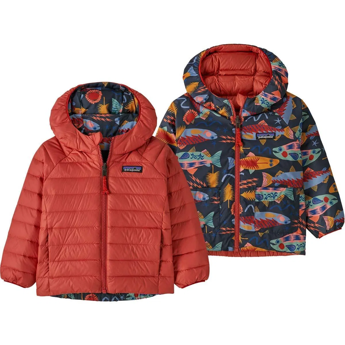 Детское одеяло-куртка Patagonia Baby Reversible Down Sweater Hoody, Salmon Energy/Ink Black