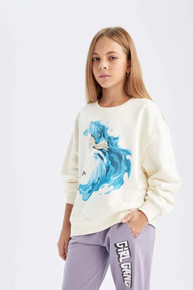 Детские свитшот для девочек свободного кроя Ecru frozen relax fit crew neck sweatshirt for girls d1119a824au Defacto, Ecru — фото 4
