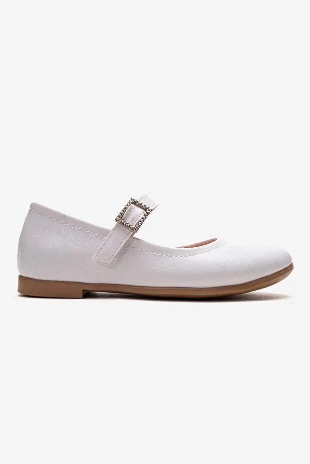 Детские балетки для девочек с кожаным верхом Beret with stones buckled children's ballet flats white skin Ccway Ayakkabi, White — фото 2