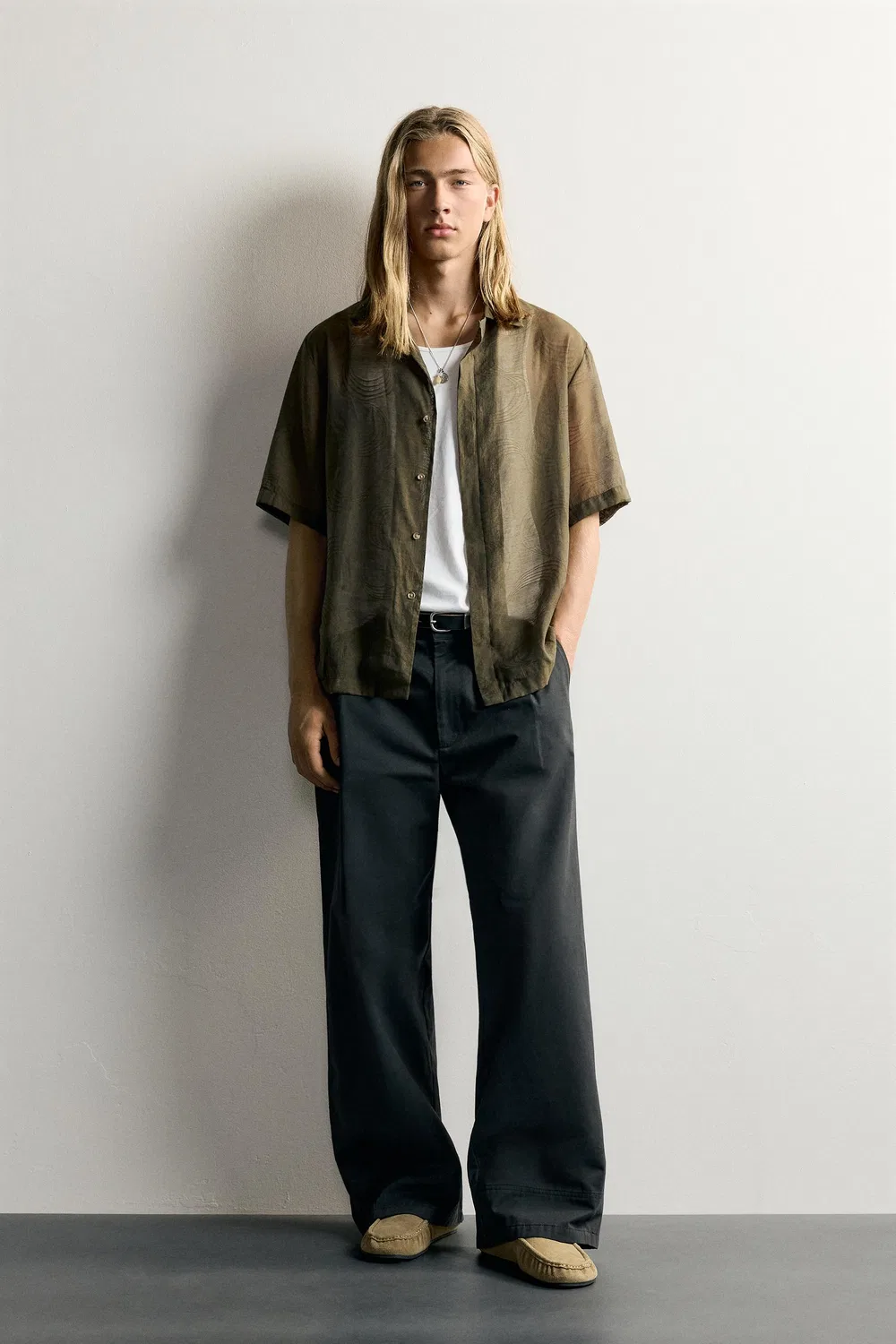 Рубашка из жаккарда с жидкой текстурой ZARA, Khaki