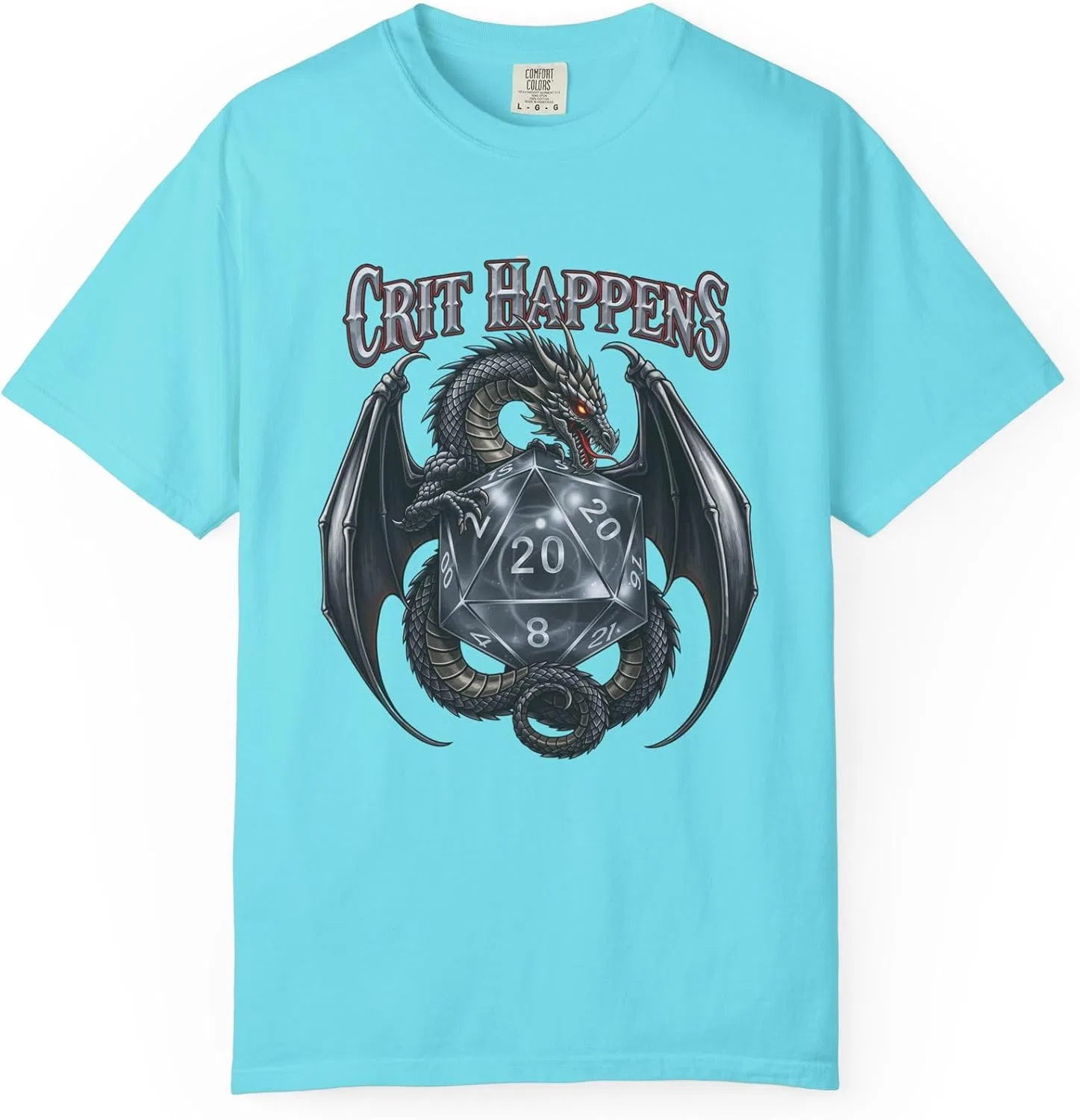Футболка с драконом и D20 Crit Happens, Lagoon Blue