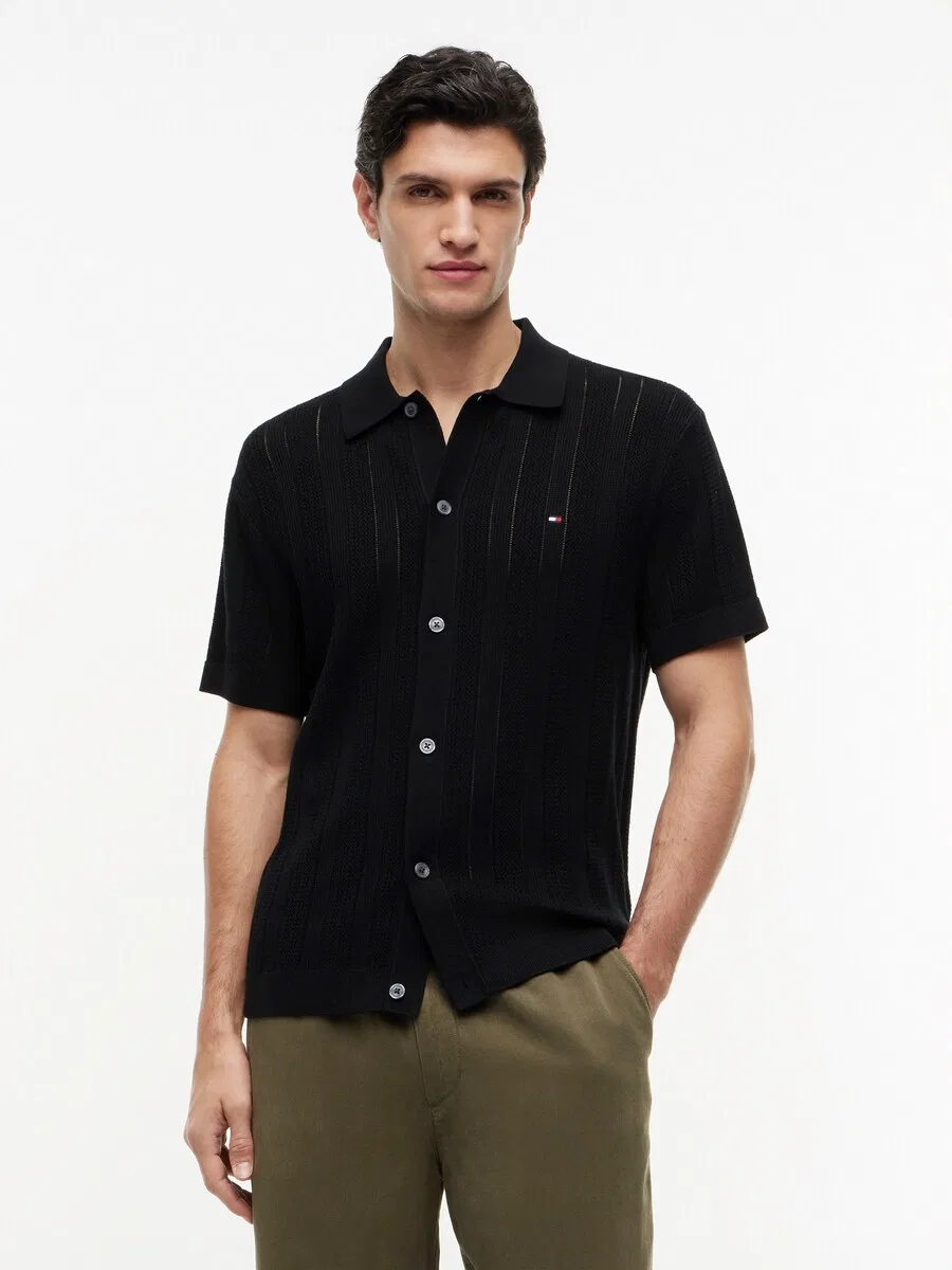 Вязаный кардиган TOMMY HILFIGER 'Relaxed Pointelle Short Sleeve With' черного цвета — фото 2