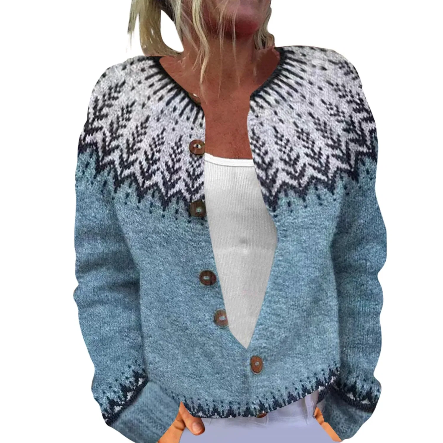 Женский кардиган с нордическим узором Fair Isle с длинным рукавом, Navy-g