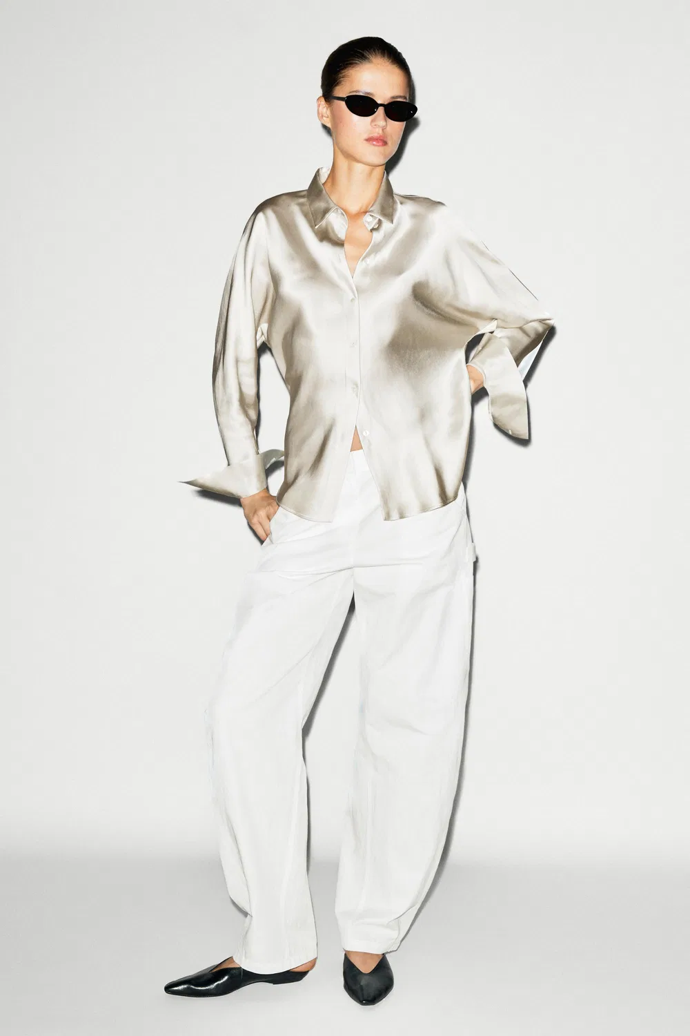 Рубашка Massimo Dutti, атласная, серебряный — фото 4