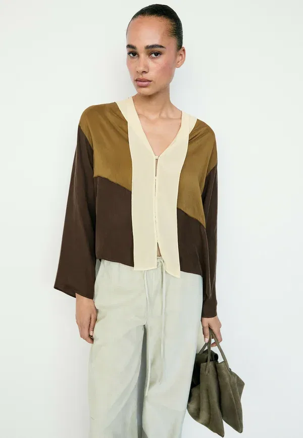 Блуза свободного кроя Tricolor flowing shirt Massimo Dutti, темно-коричневый