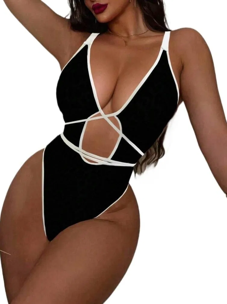Женский монокини с цветовыми блоками Spaghetti Strap, Black/White