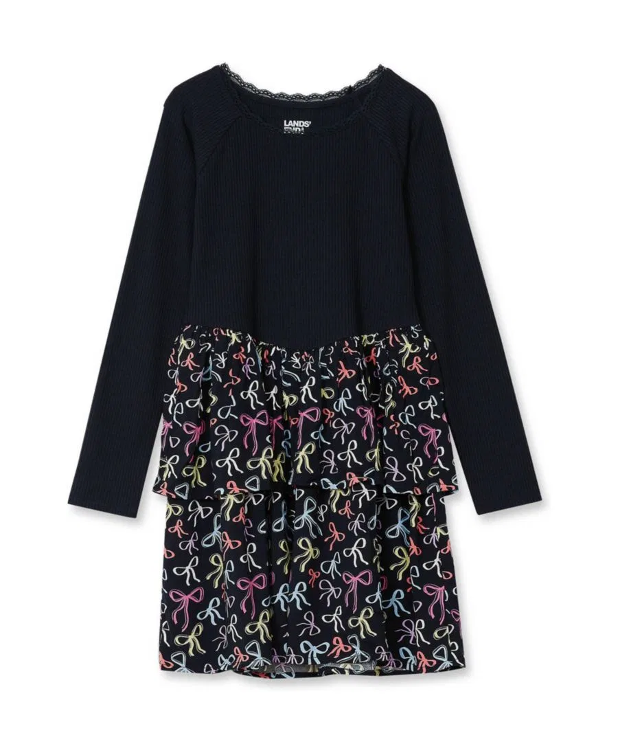 Платье с длинным рукавом Ribbed Tiered Lands' End, Bows Multi Navy