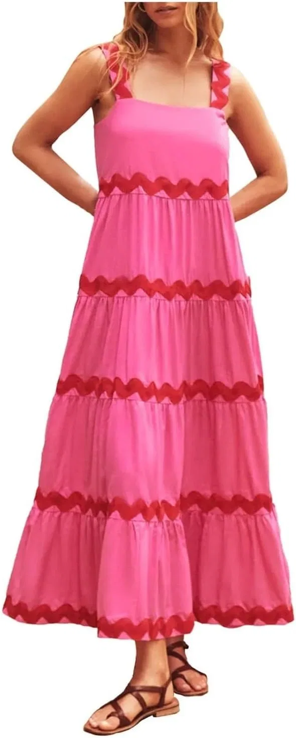 Женское свободное длинное платье на тонких бретелях, Rose Red