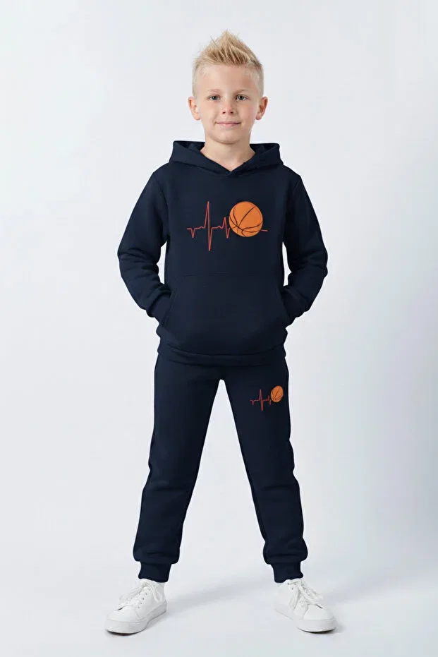 Детский спортивный комплект для мальчиков с принтом 3 iplik winter ş fleece-lined pulse basketball print detailed Panios Kids, Navy Blue — фото 2