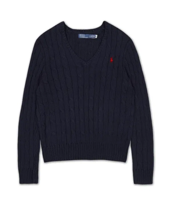 Свитер с V-образным вырезом, кабельная вязка, хлопок, Polo Ralph Lauren, синий