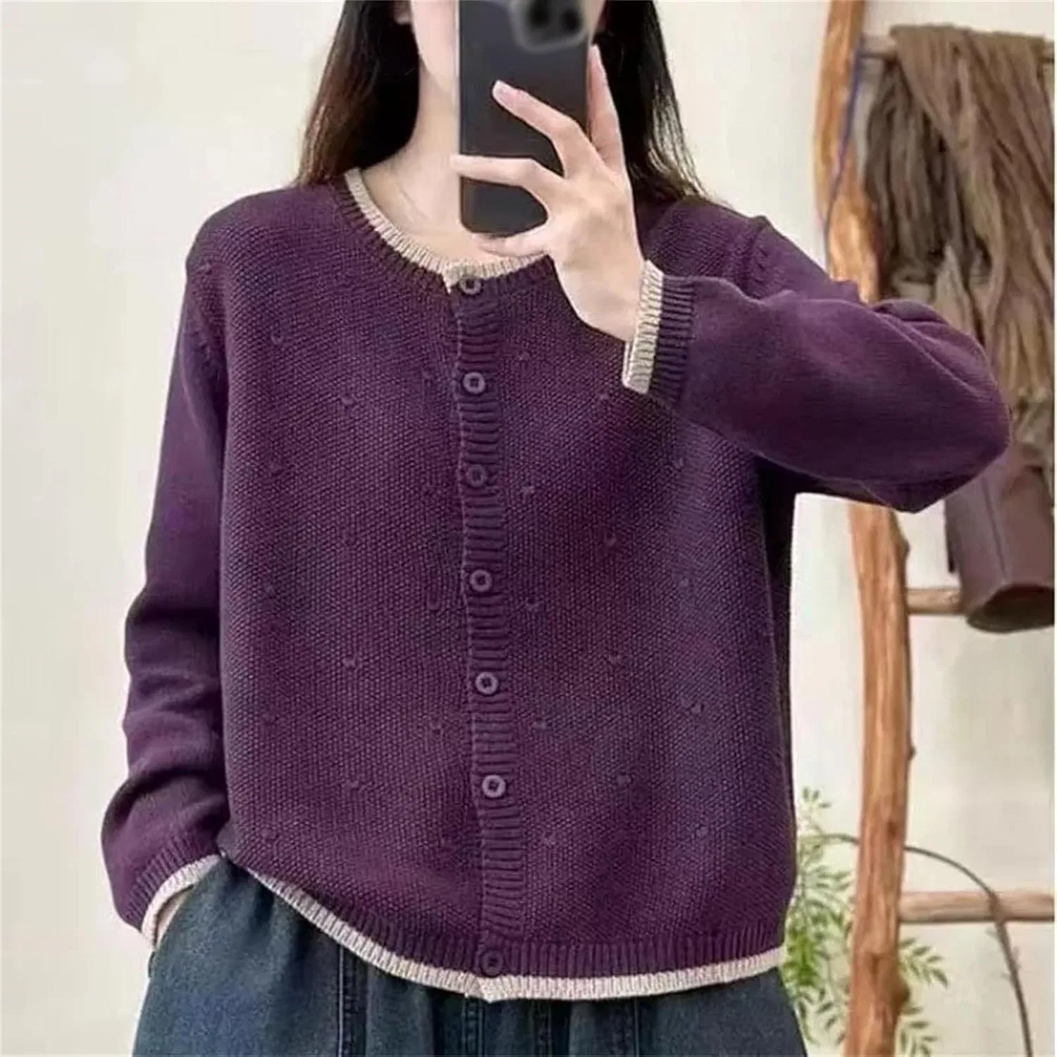Женский кардиган с длинным рукавом, Vintage All-Match Chic Patchwork, зелёный — фото 2