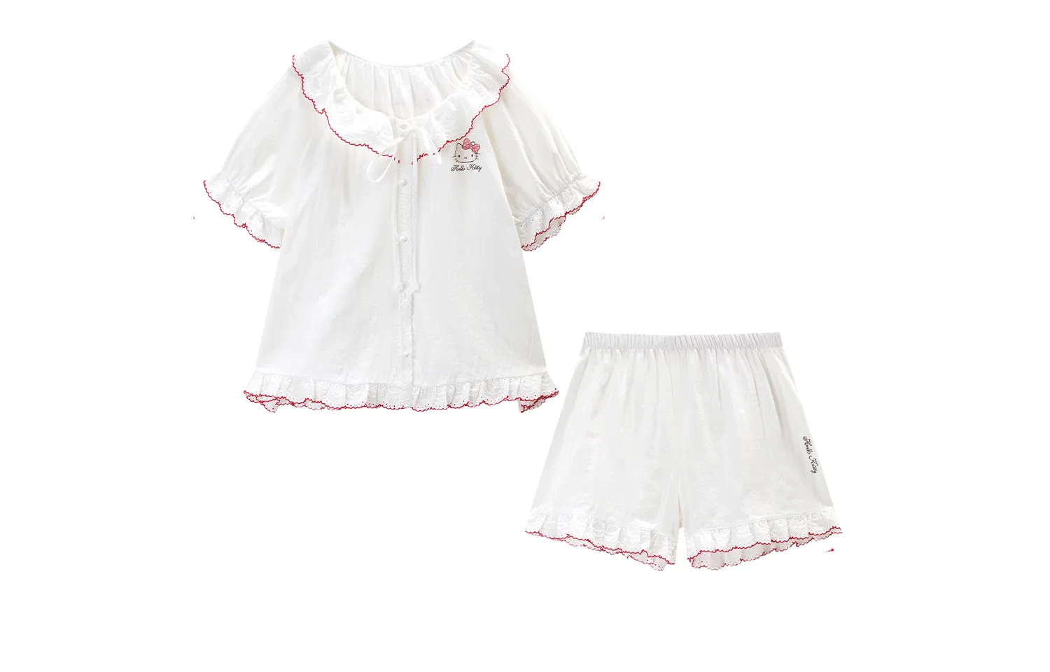 Детский комплект для отдыха Hello Kitty Lounge Set Sanrio Series Sweet Cotton Breathable Lace Trim Crew Neck Short Sleeve Shorts, GUKOO, Raw White