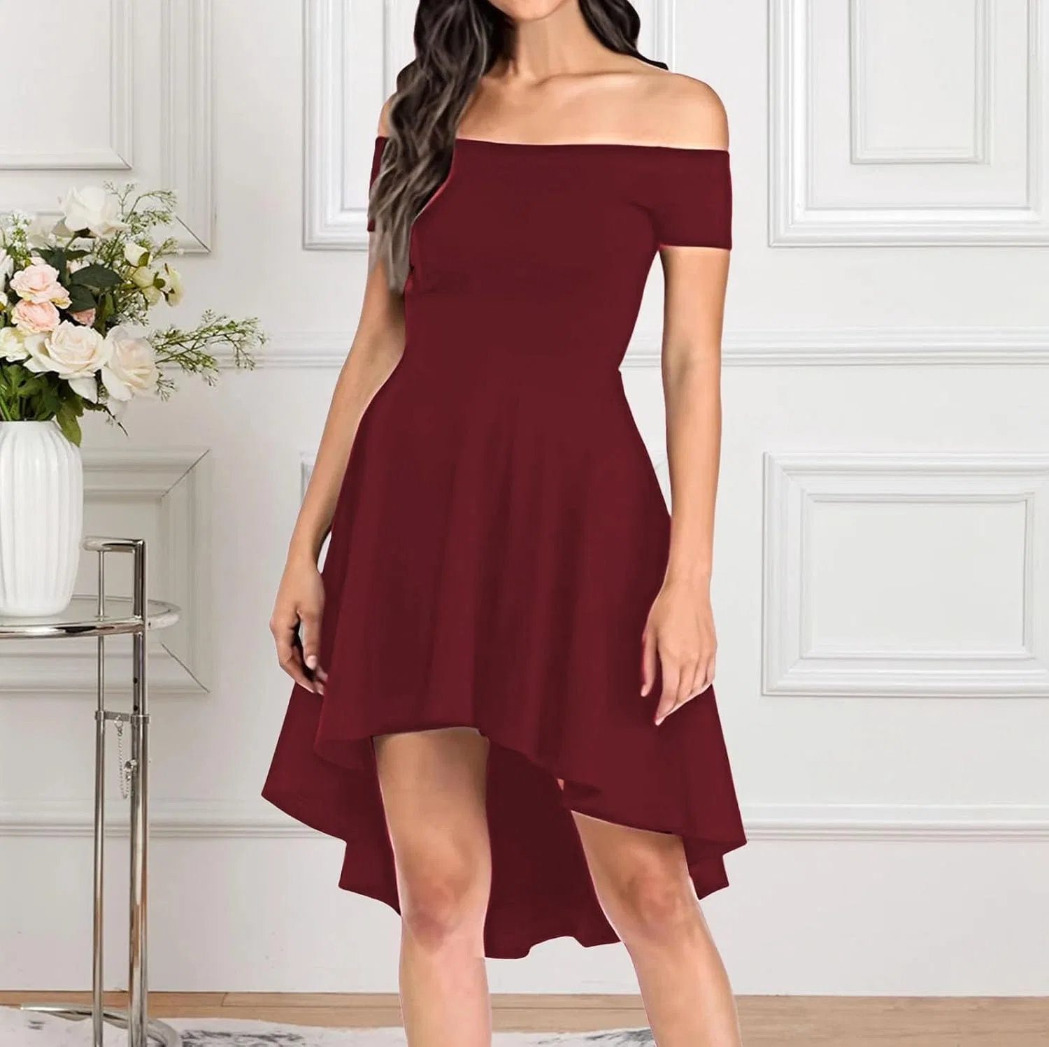 Женское коктейльное платье с открытыми плечами, Wine Red — фото 2