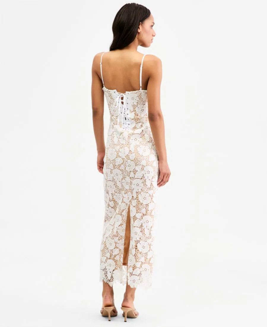 Платье-миди без рукавов с кружевом и шнуровкой на спине, модель Lace Sweetheart-Neck Lace-Up-Back Midi Dress Jump, White Nude — фото 4