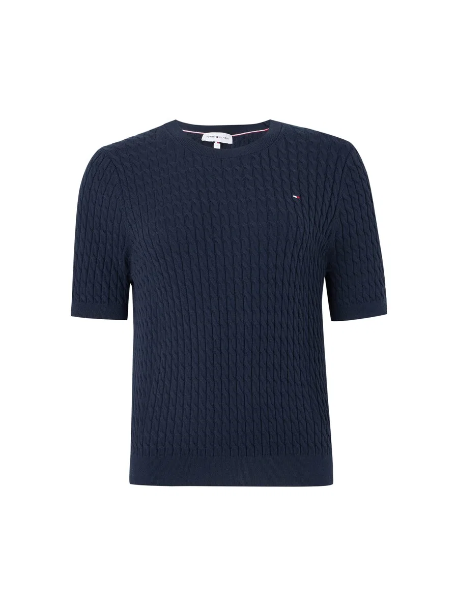Свитер TOMMY HILFIGER с коротким рукавом и узором «косичка» темно-синего цвета
