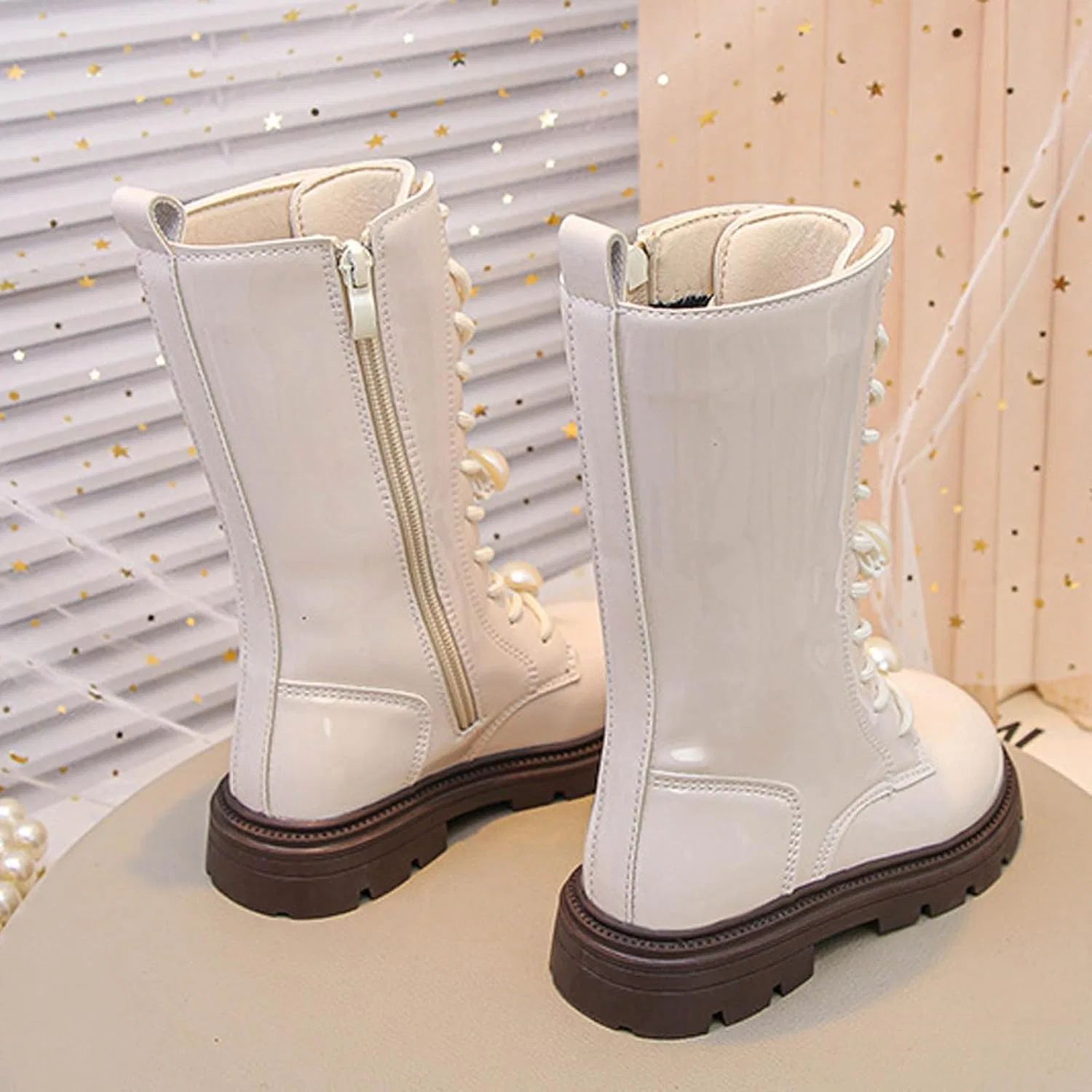 Детские ботинки для девочек с жемчугом Combat Boots Zzalalana, White — фото 2