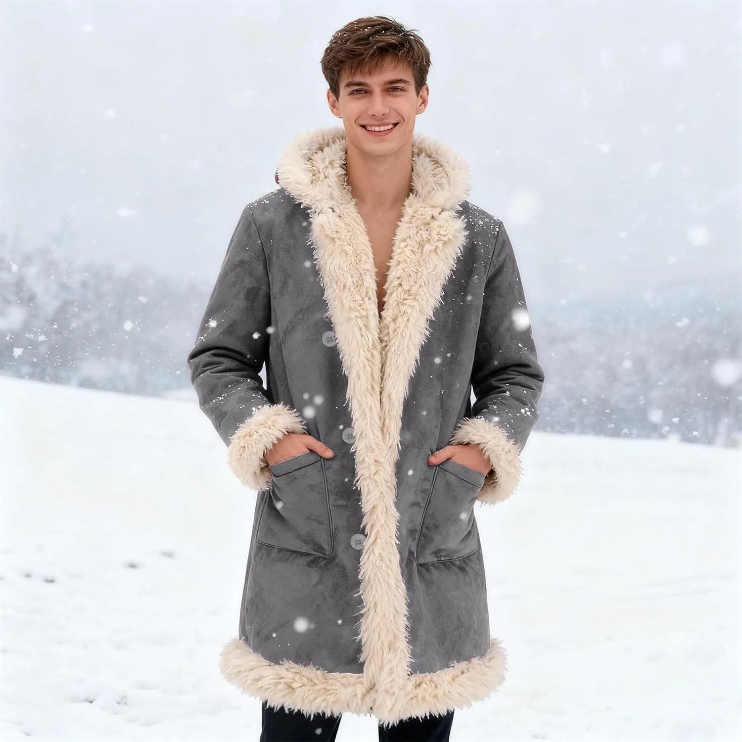 Мужское длинное пальто с капюшоном на флисе, с искусственным мехом, Christmas Santa Claus Coat, серый — фото 2