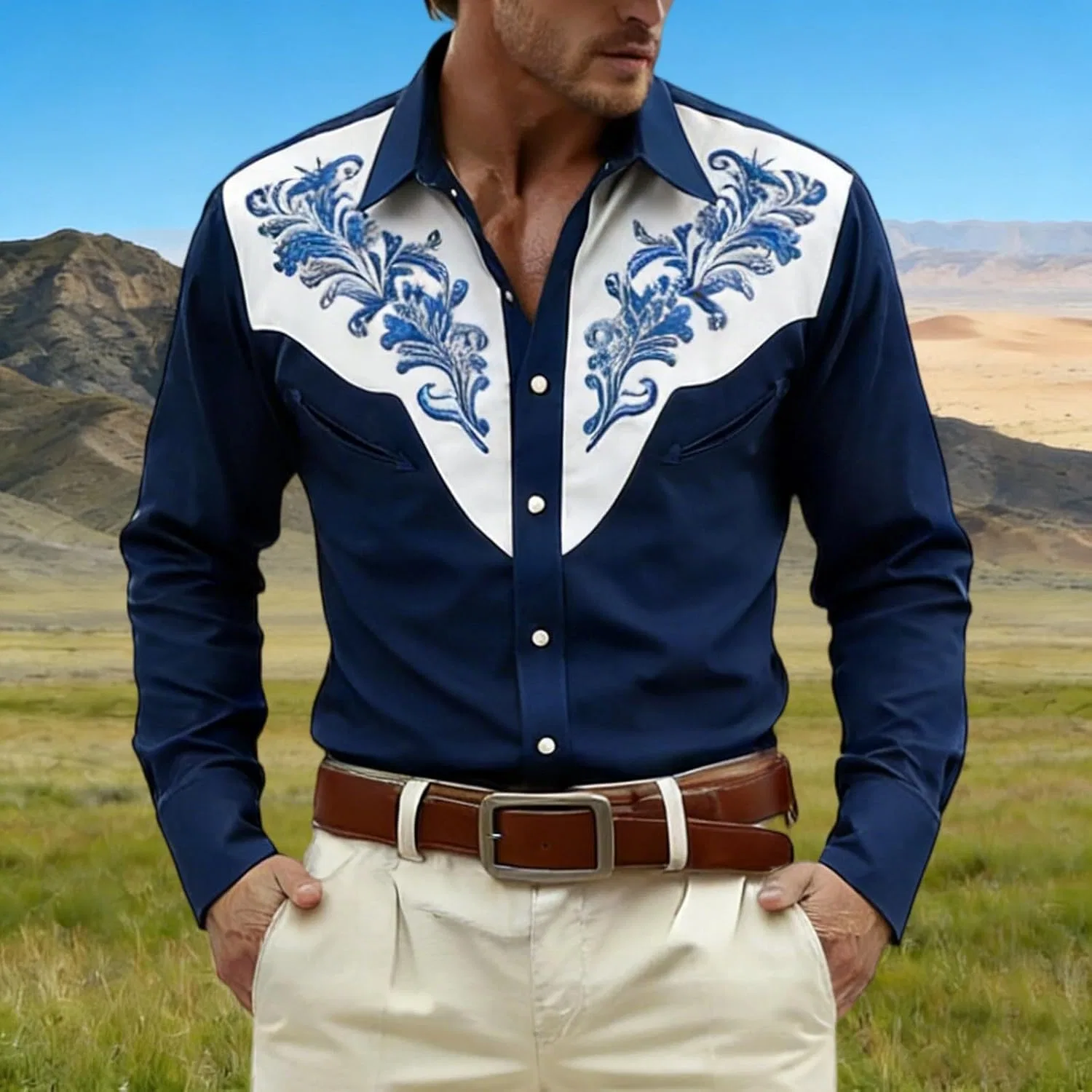 Мужская рубашка с принтом, модель Cowboy, тёмно-синий — фото 2