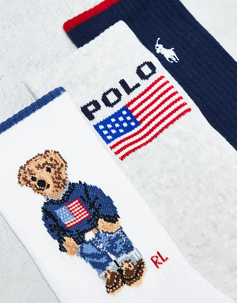 Набор из 3 пар носков Polo Ralph Lauren с изображением медведя, логотипа и флага, мультиколор — фото 3