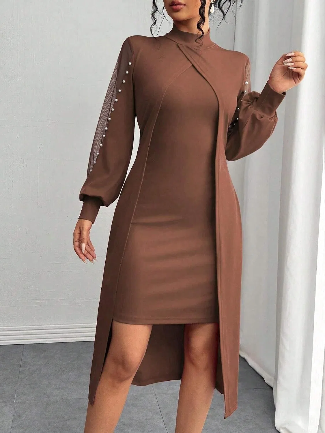 Женское облегающее платье с асимметричным вырезом Bodycon, Brown — фото 3