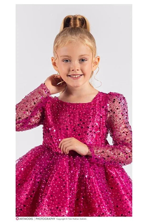 Детское платье для девочек с длинным рукавом Fuchsia princess model sequin embroidered children's evening dress Sare Çocuk Giyim, Fuchsia — фото 2