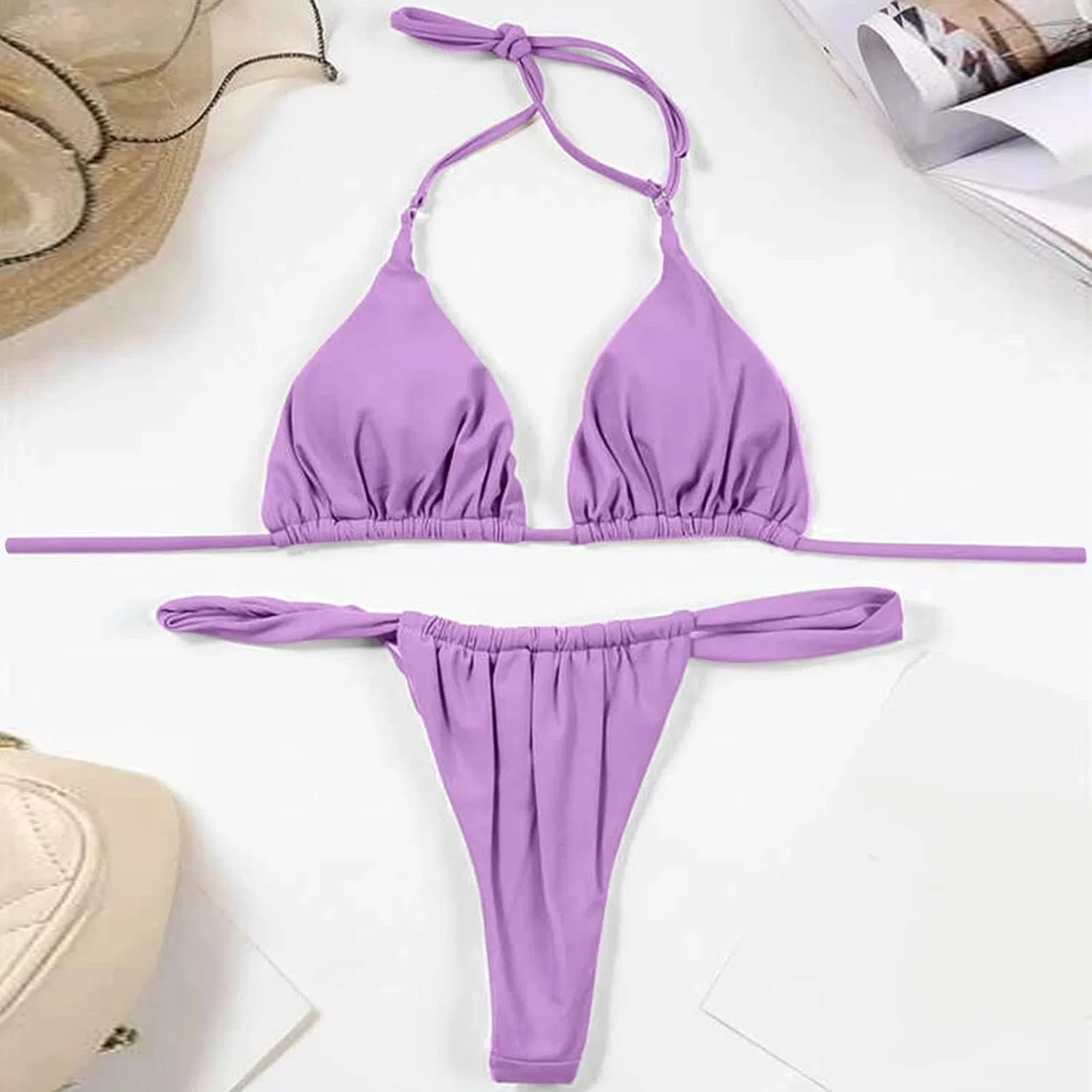 Женский бикини-сет с высокой талией, Push Up, Solid, Purple — фото 2