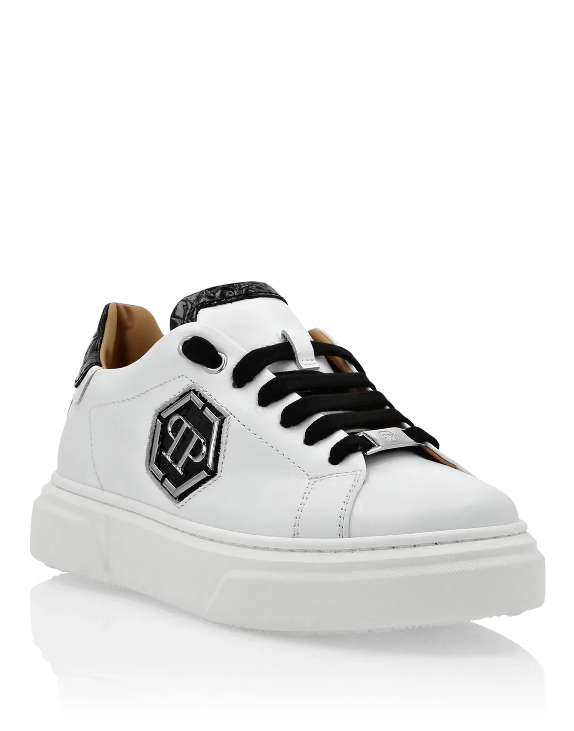 Детские кроссовки низкие из кожи с фирменным брендингом Hexagon Philipp Plein, White/Black