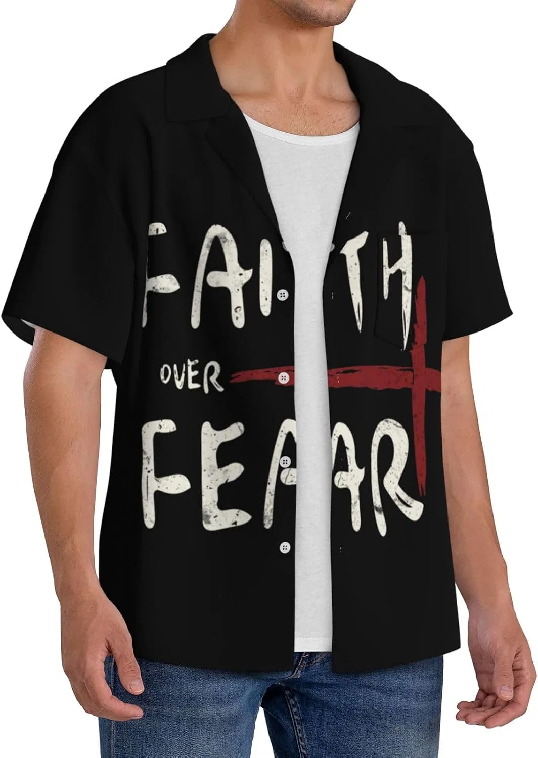 Мужская свободная рубашка с коротким рукавом и принтом Faith Over Fear, Black — фото 2