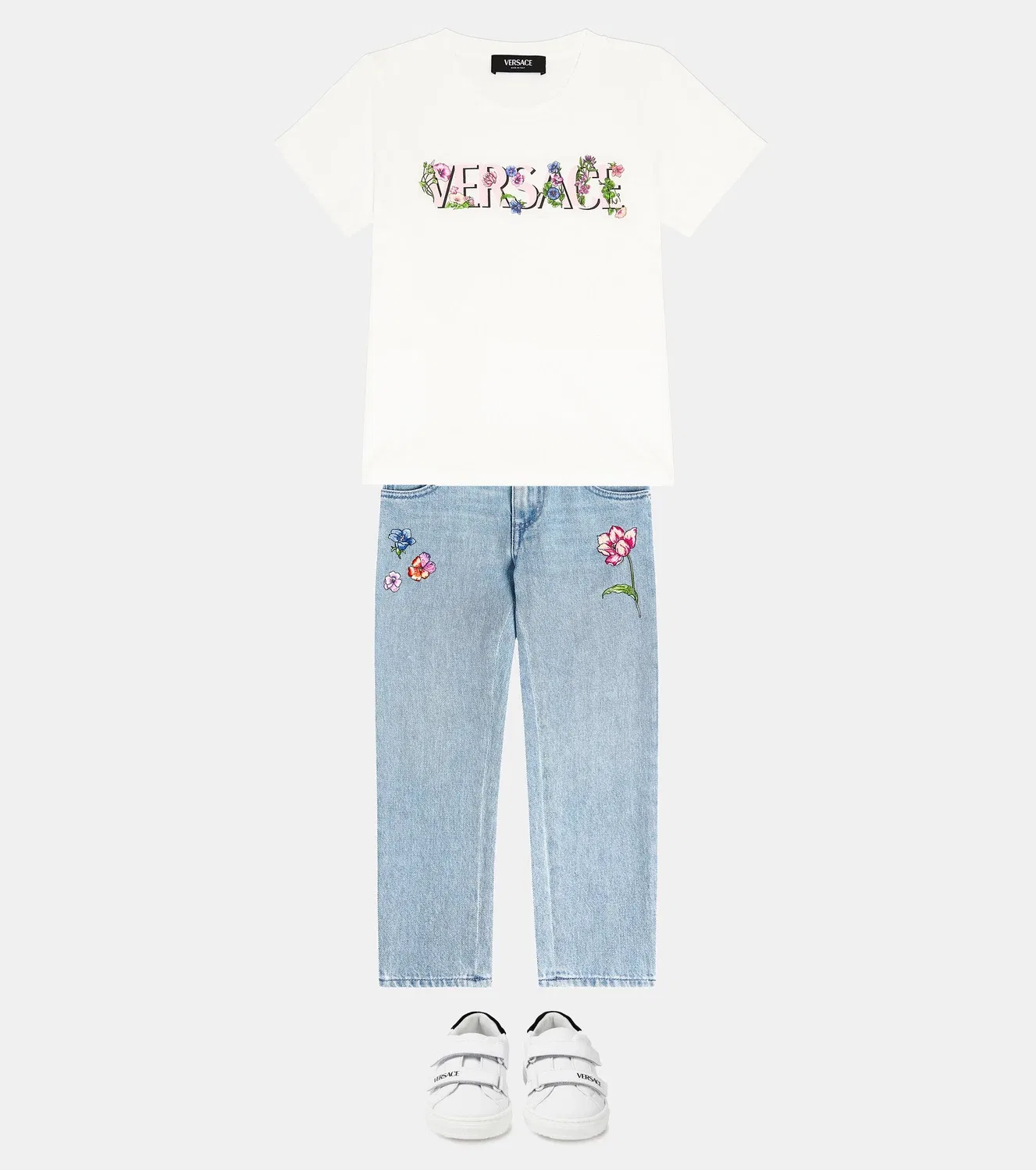 Джинсы-дудочки с вышивкой Blossom Versace Kids, синий — фото 2