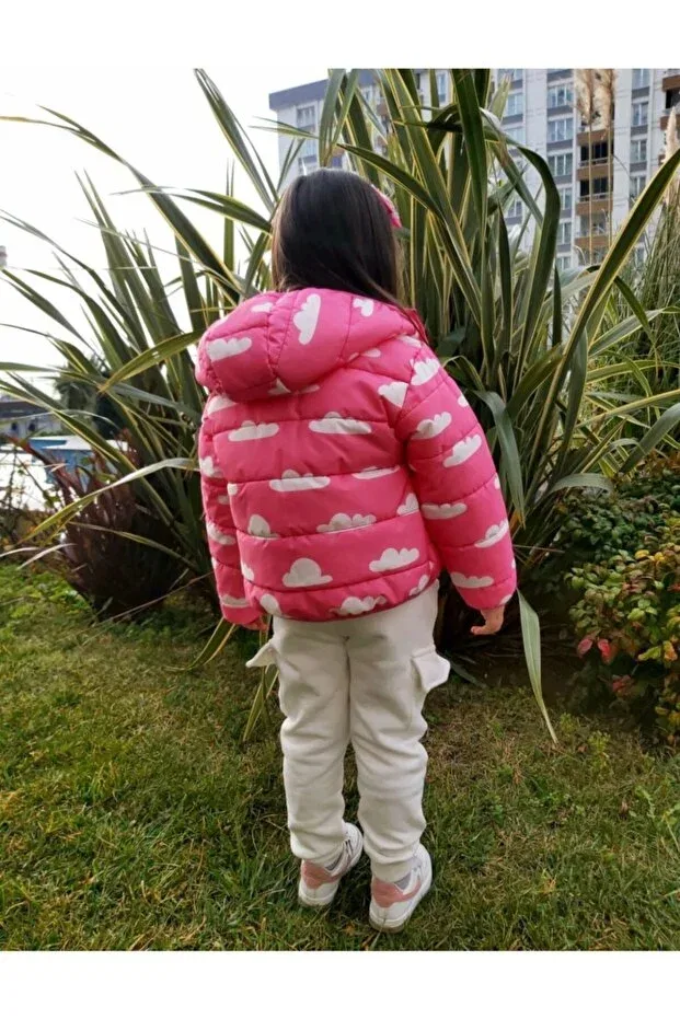 Детский комплект для девочек с принтом Cloud Printed Coat and Tracksuit Set 3 Pieces Pink Hippo Kids, Pink-White — фото 2