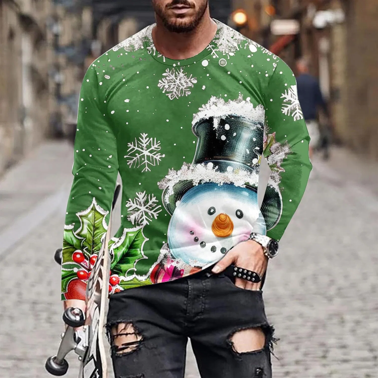 Мужская футболка с принтом снеговика Christmas Pullover, Green — фото 2
