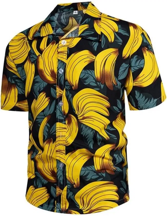 Мужская рубашка с коротким рукавом, с принтом, A-black Yellow-banana