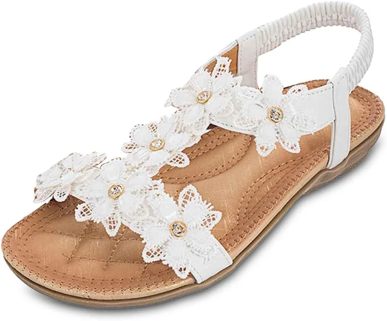 Женские сандалии с цветочными ремешками t-Strap, White