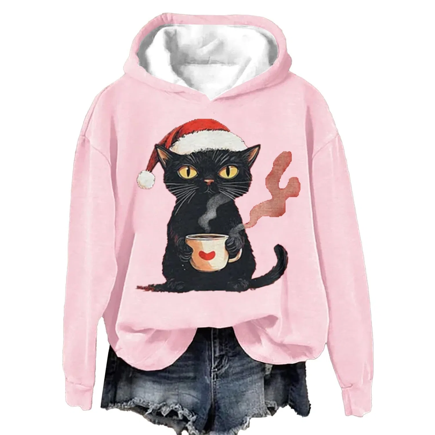 Женский свитшот с принтом Christmas Tree Funny Cat Say What Woman Pullover, Z21 Pink — фото 3