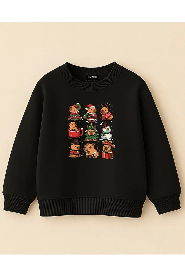 Детские свитшот для мальчиков оверсайз с принтом New Year Themed Capybara Fasardi, Black
