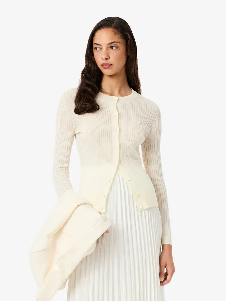 Кардиган LACOSTE Ribbed 70V, мериносовая шерсть, V-образный вырез