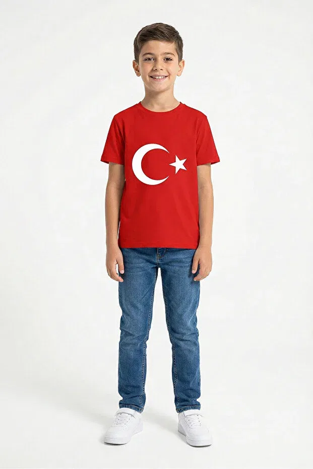 Детская футболка для мальчиков с принтом Unisex Kids Turkish Flag Short Sleeve T-Shirt with Crew Neck E-Çocuk, Red
