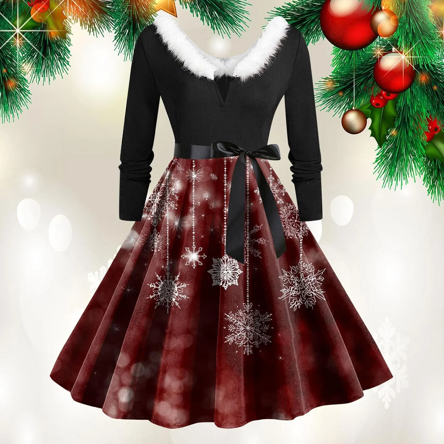 Женское платье-трапеция с глубоким вырезом и принтом, Christmas Print Dresses for Women, винный — фото 2