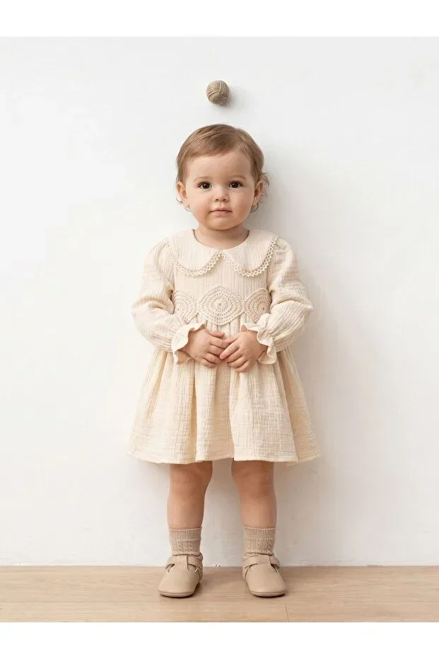 Детское платье для девочек кружевное с воротником Peter Pan Cherrys Bebek, Cream